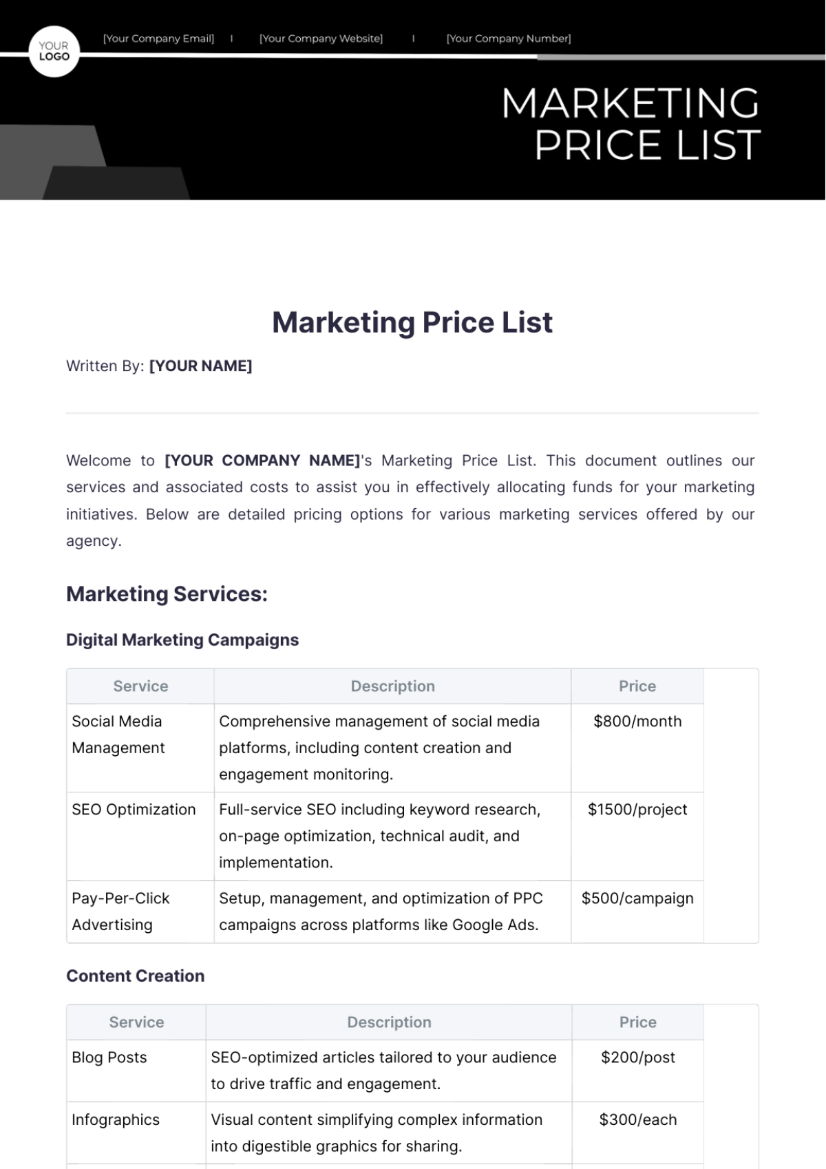 Marketing Price List Template - Edit Online & Download