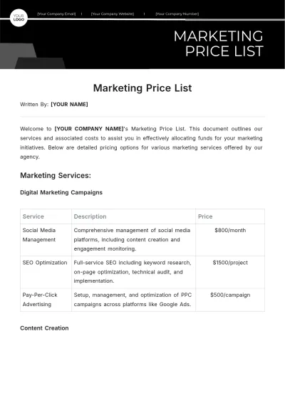 Free Marketing Price List Template to Edit Online