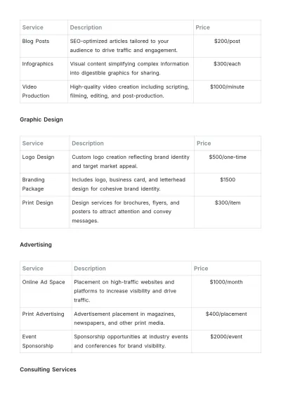 Free Marketing Price List Template to Edit Online