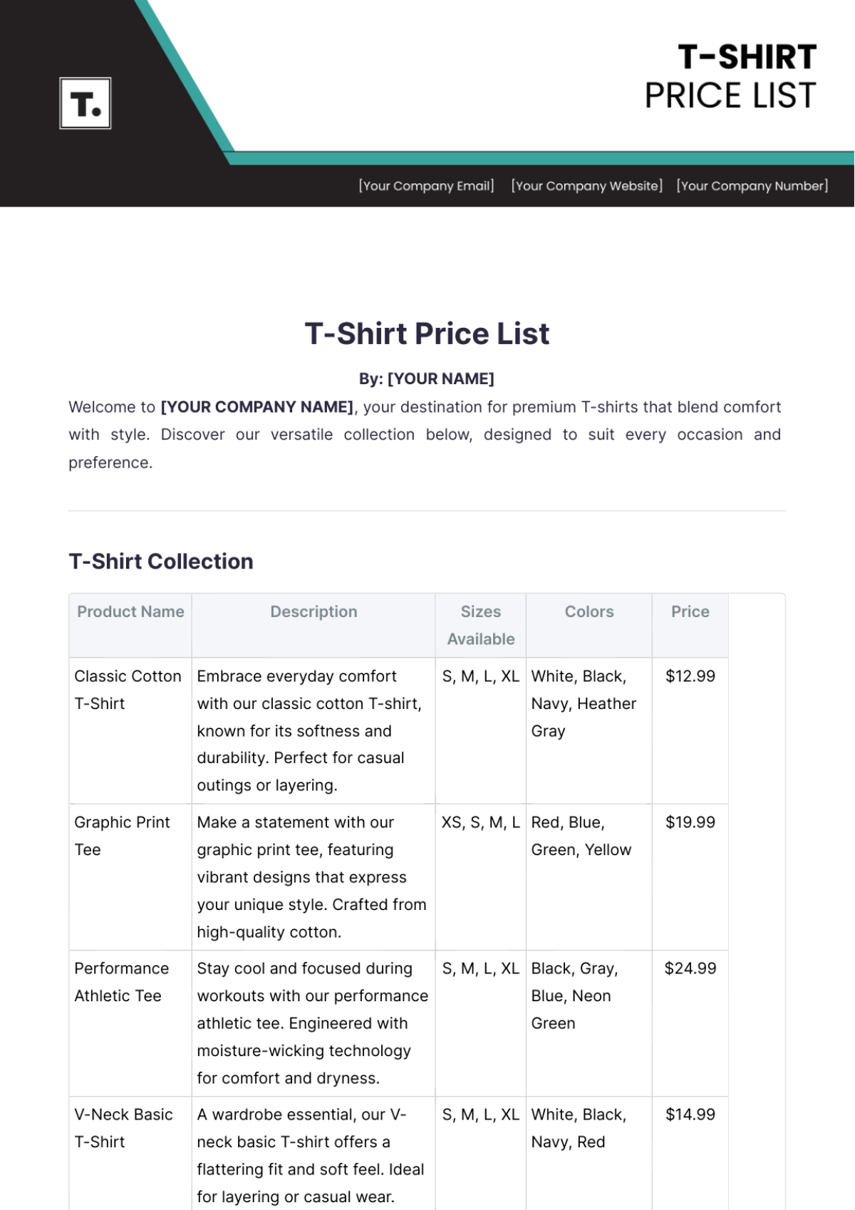 T-Shirt Price List Template - Edit Online & Download