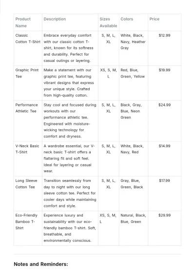 Free T-Shirt Price List Template to Edit Online
