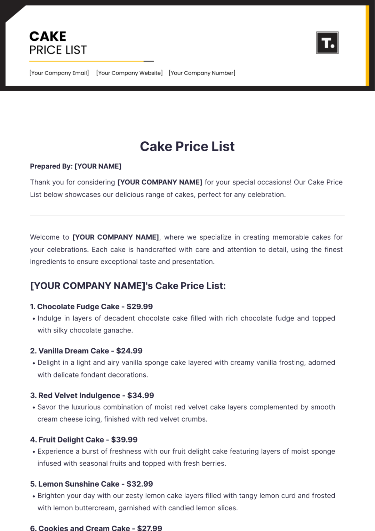 Cake Price List Template - Edit Online & Download