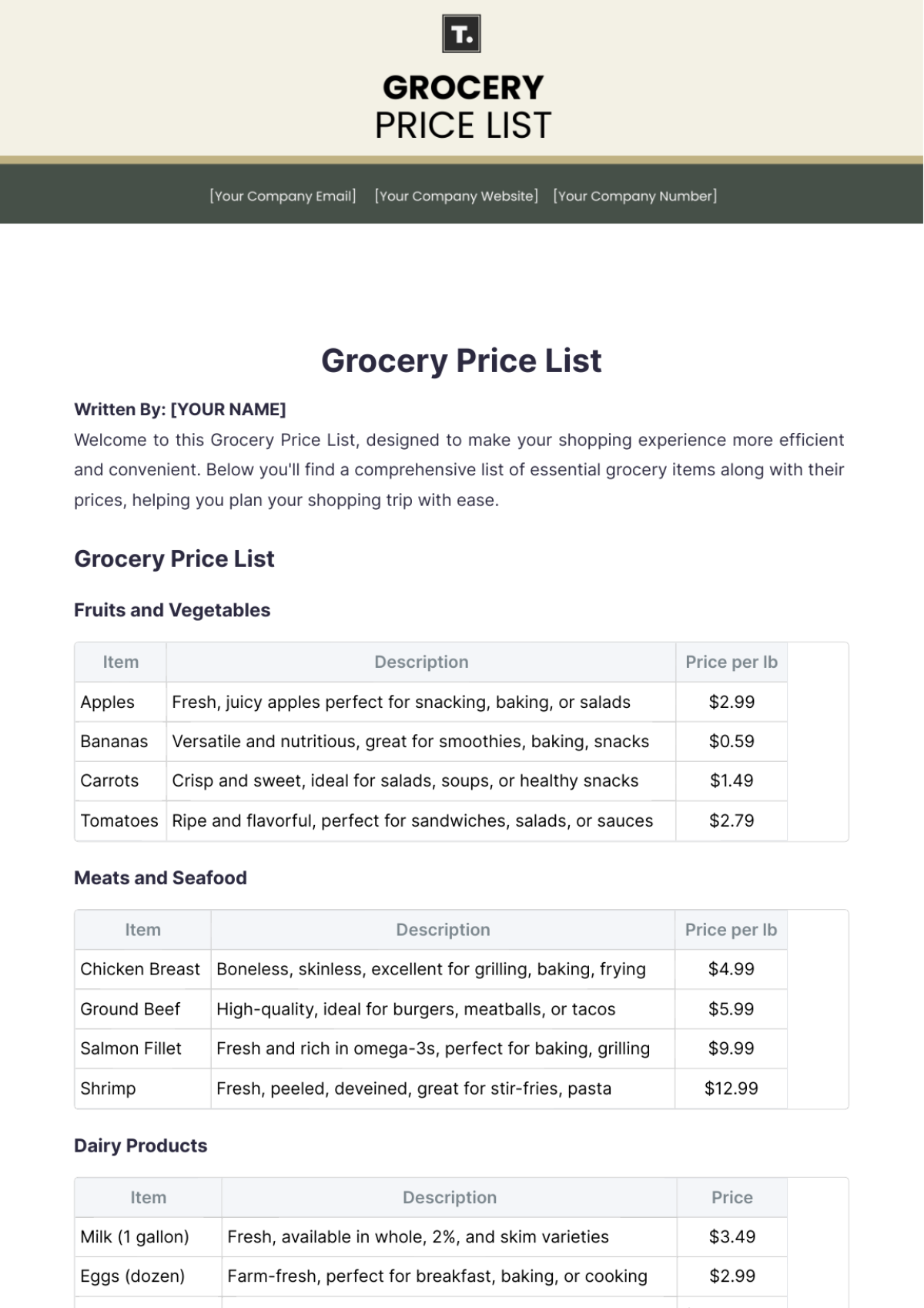 Grocery Price List Template - Edit Online & Download