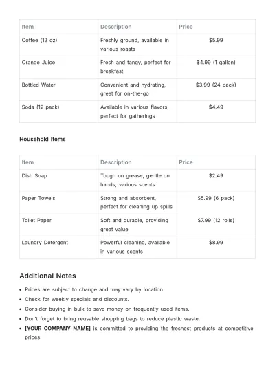 Free Grocery Price List Template to Edit Online