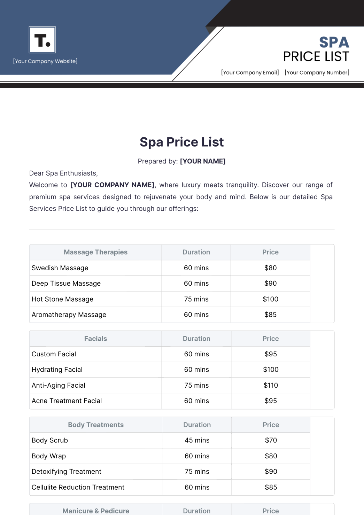 Spa Price List Template - Edit Online & Download