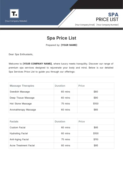 Free Spa Price List Template to Edit Online