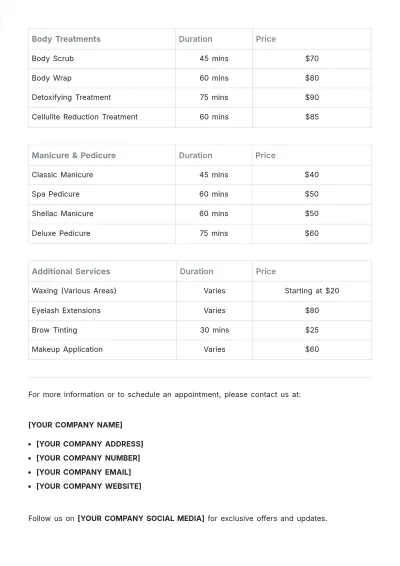 Free Spa Price List Template to Edit Online
