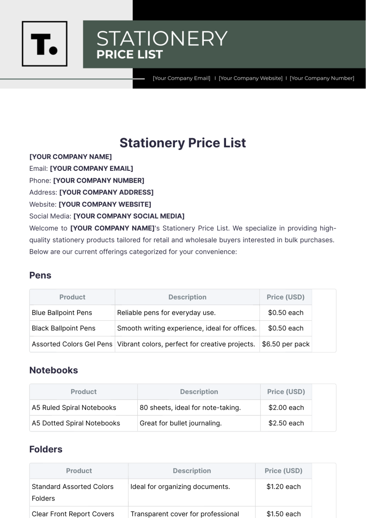 Stationery Price List Template - Edit Online & Download