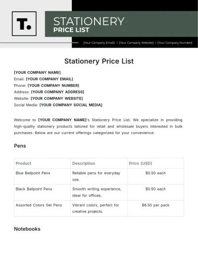 Free Stationery Price List Template to Edit Online