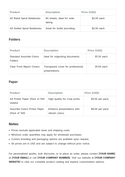 Free Stationery Price List Template to Edit Online