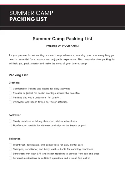 Free Summer Camp Packing List Template to Edit Online