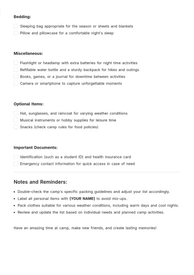 Free Summer Camp Packing List Template to Edit Online