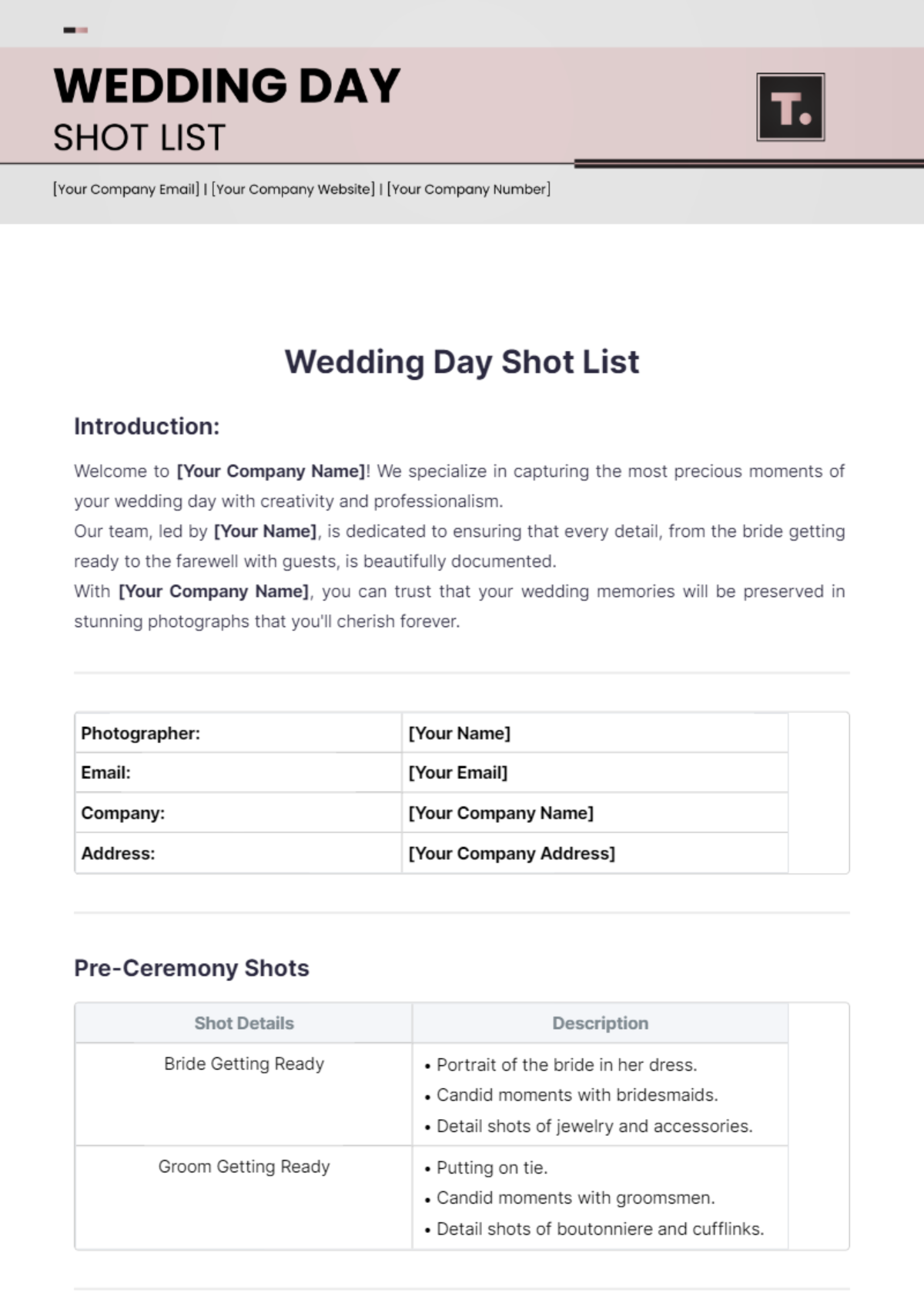 Wedding Day Shot List Template - Edit Online & Download