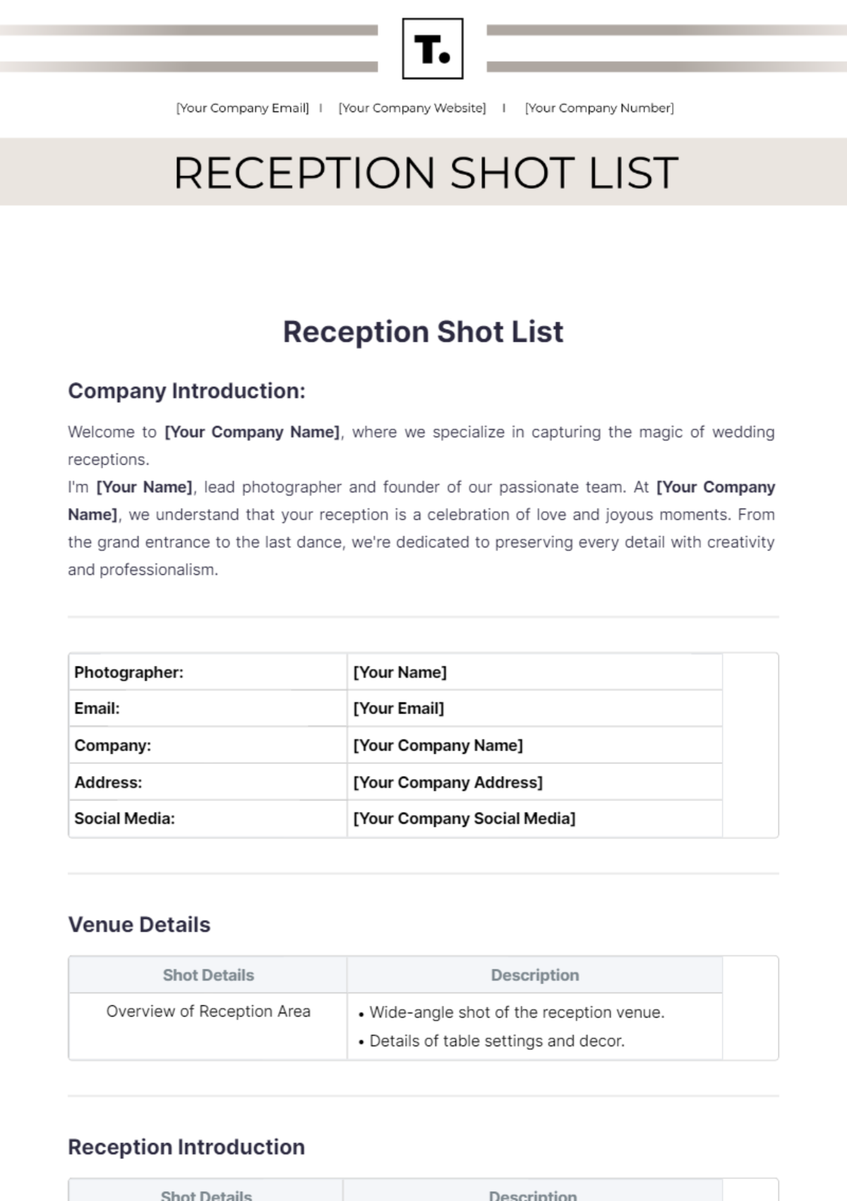 Reception Shot List Template - Edit Online & Download