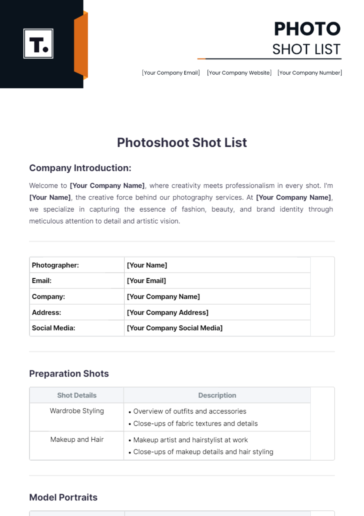 Photoshoot Shot List Template - Edit Online & Download