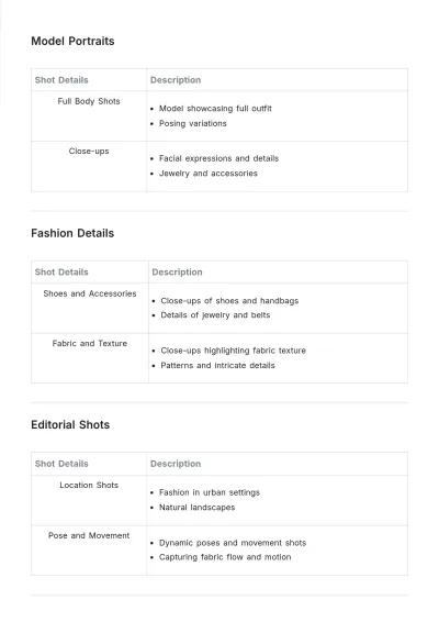 Free Photoshoot Shot List Template to Edit Online