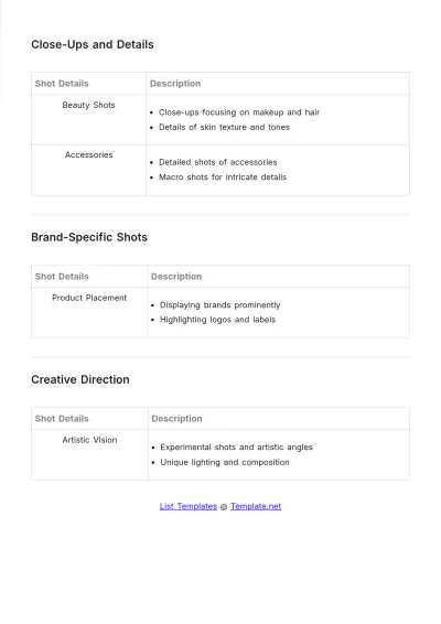 Free Photoshoot Shot List Template to Edit Online