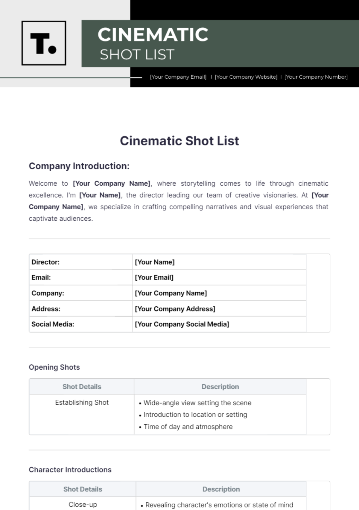 Cinematic Shot List Template - Edit Online & Download