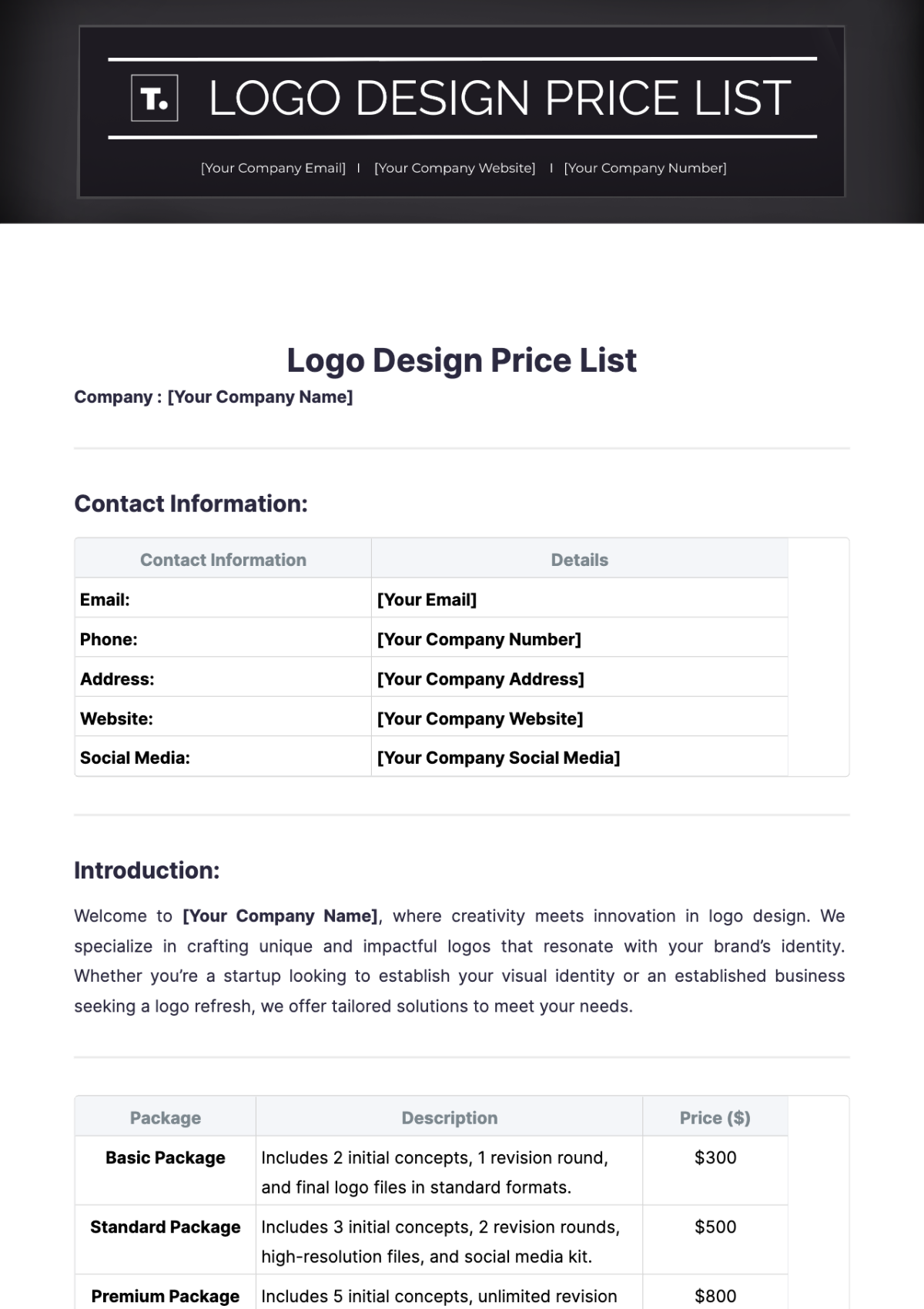 Logo Design Price List Template - Edit Online & Download