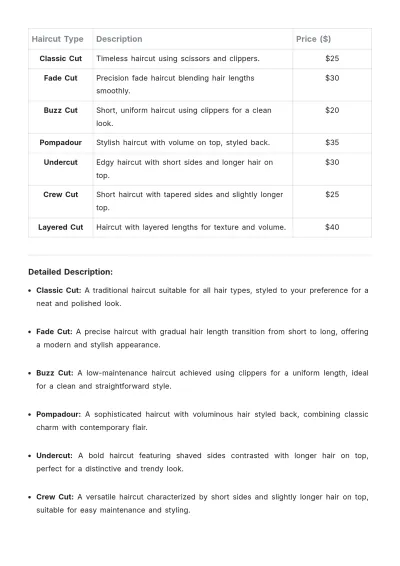 Free Barber Shop Price List Template to Edit Online