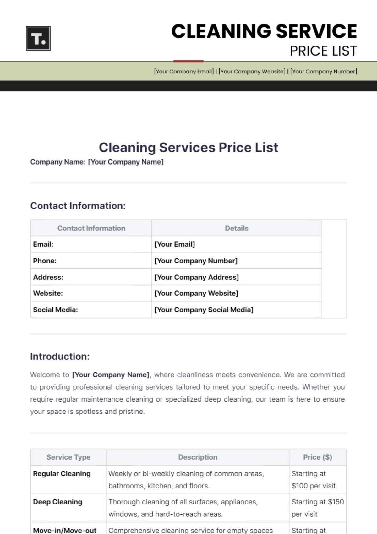 Cleaning Services Price List Template - Edit Online & Download