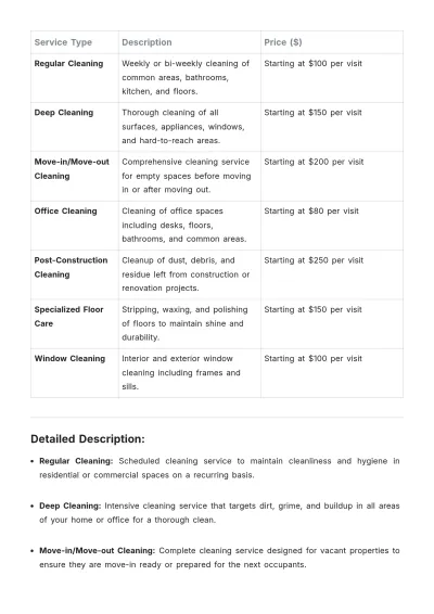 Free Cleaning Services Price List Template to Edit Online