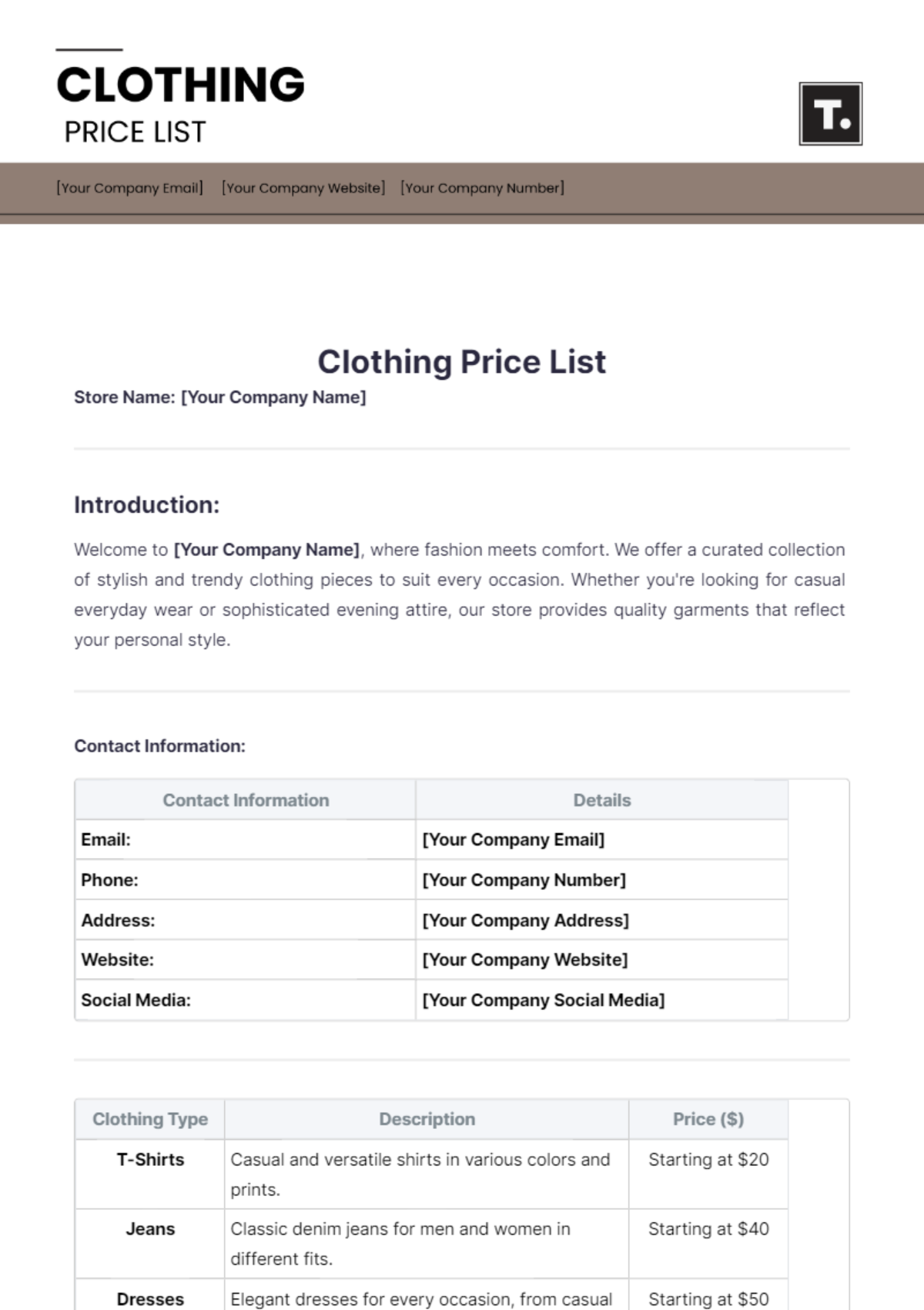 Clothing Price List Template - Edit Online & Download