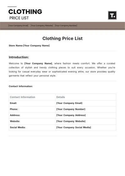Free Clothing Price List Template to Edit Online