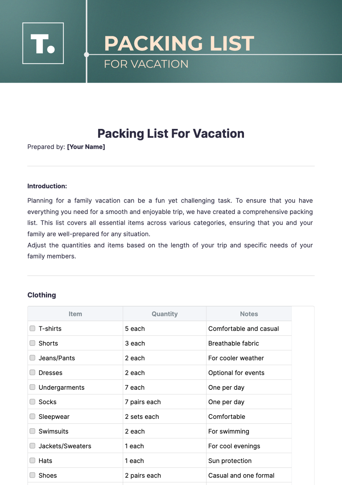 Packing List For Vacation Template - Edit Online & Download