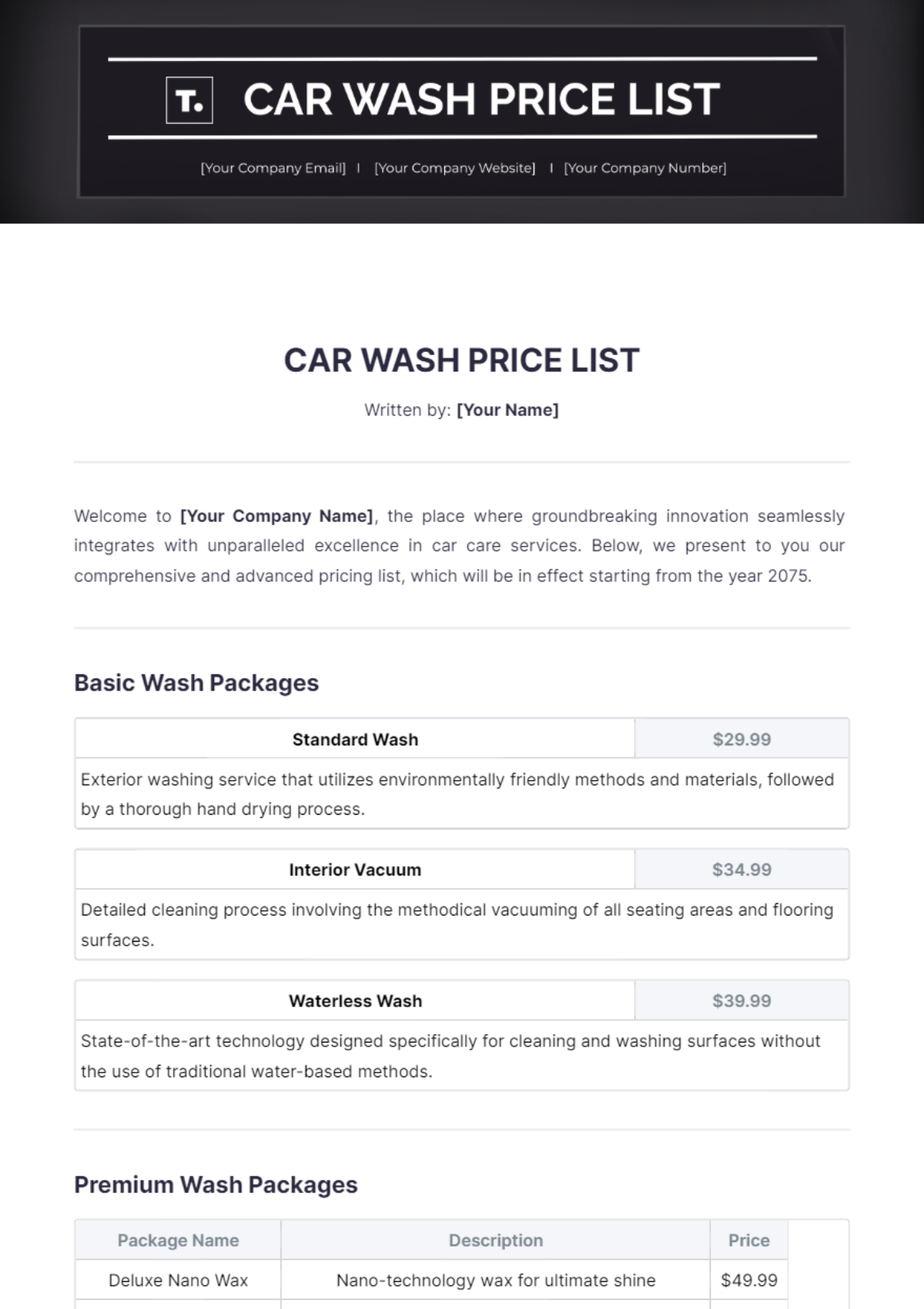 Car Wash Price List Template - Edit Online & Download