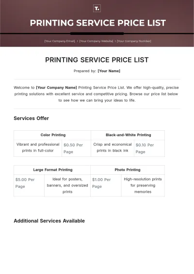 Free Printing Service Price List Template to Edit Online