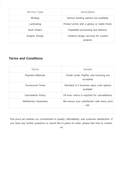 Free Printing Service Price List Template to Edit Online
