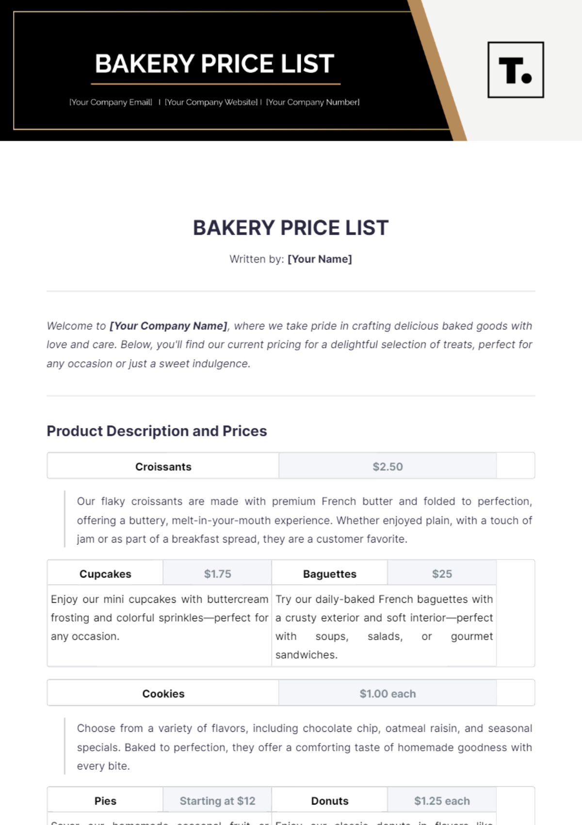 Bakery Price List Template - Edit Online & Download