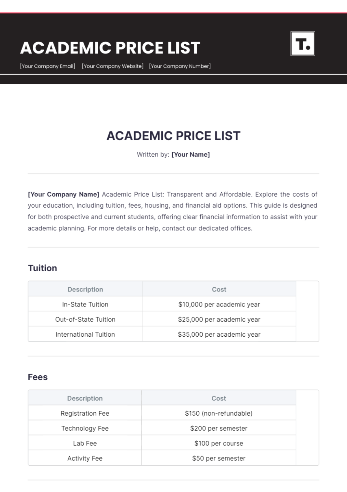 Academic Price List Template - Edit Online & Download