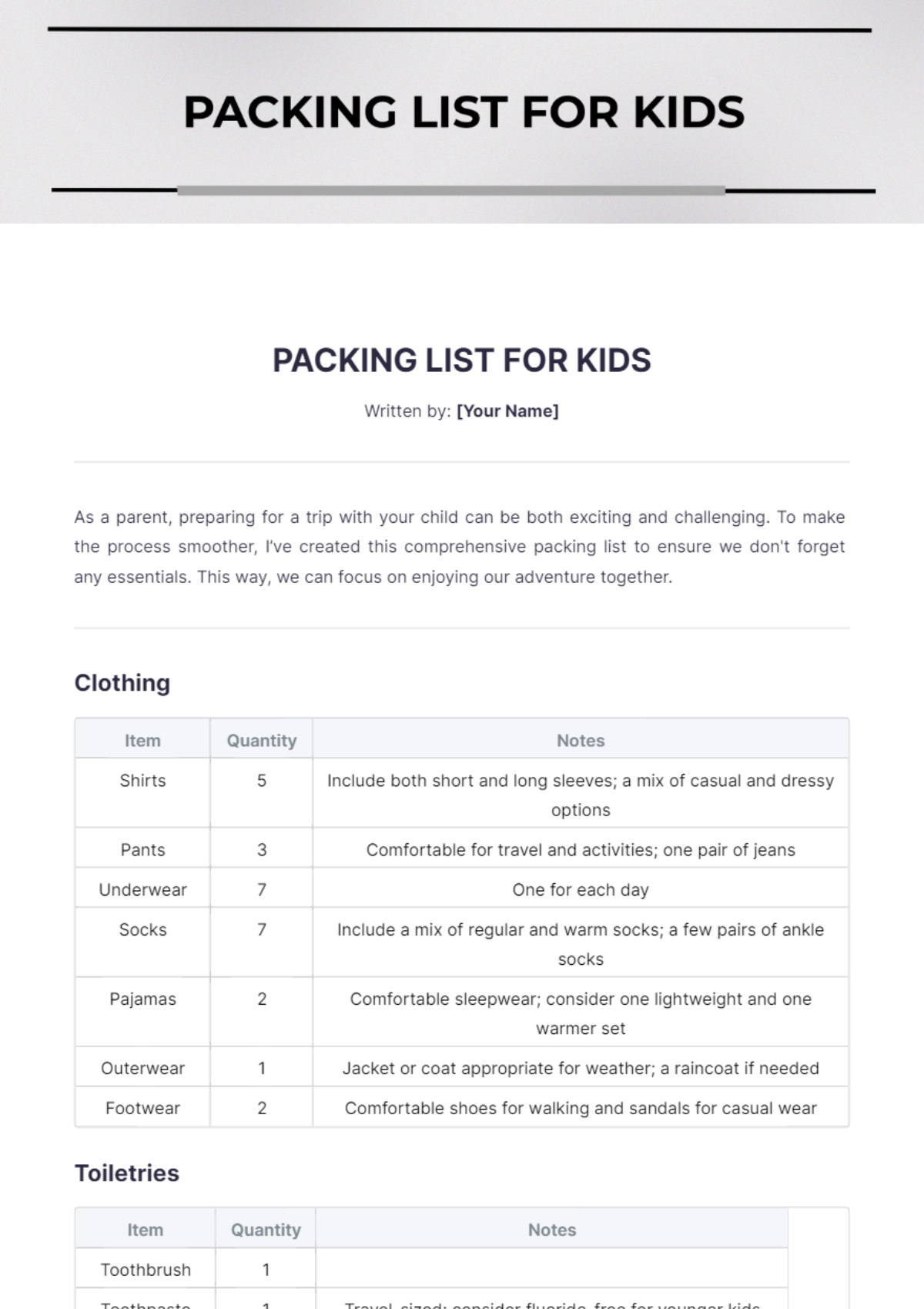 Packing List For Kids Template - Edit Online & Download