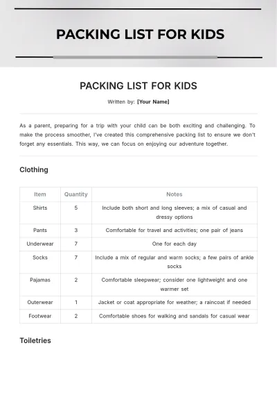 Free Packing List For Kids Template to Edit Online