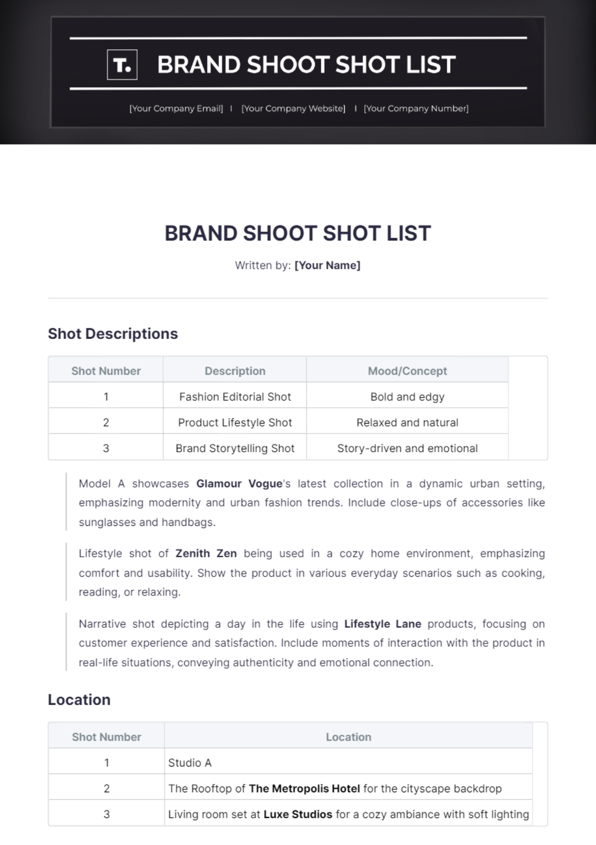 Brand Shoot Shot List Template - Edit Online & Download