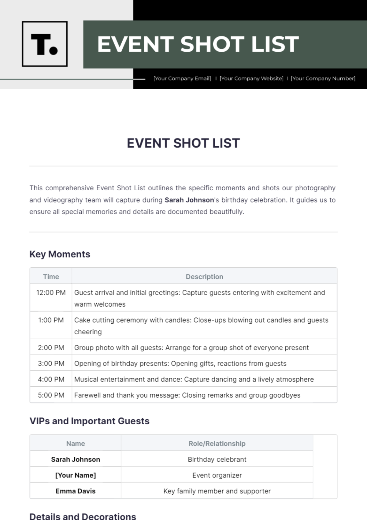 Event Shot List Template - Edit Online & Download