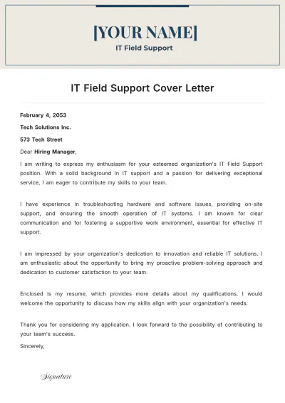 Free IT Field Support Cover Letter to Edit Online