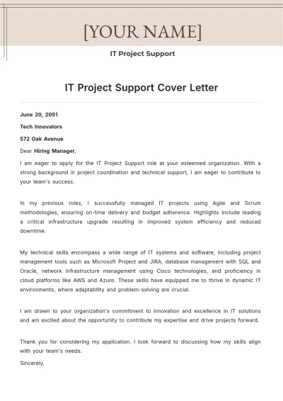Free IT Project Support Cover Letter to Edit Online