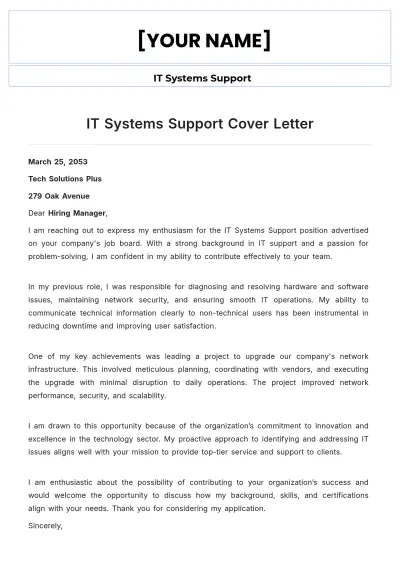 Free IT Systems Support Cover Letter to Edit Online