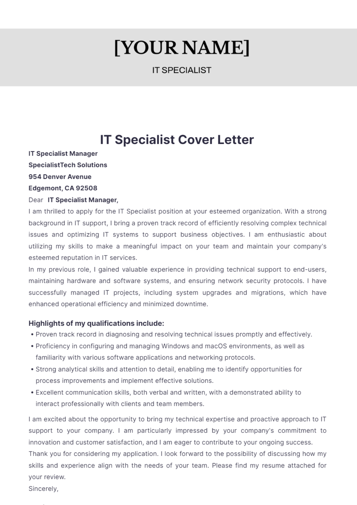 IT Specialist Cover Letter - Edit Online & Download