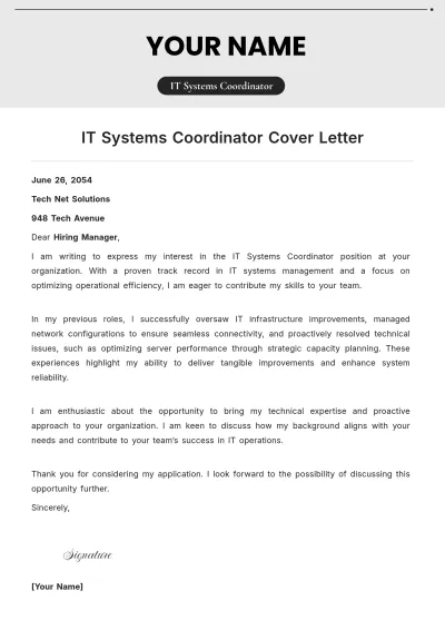 Free IT Systems Coordinator Cover Letter to Edit Online