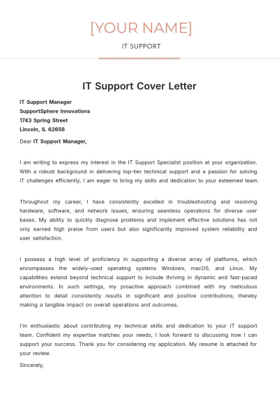Free IT Support Cover Letter to Edit Online