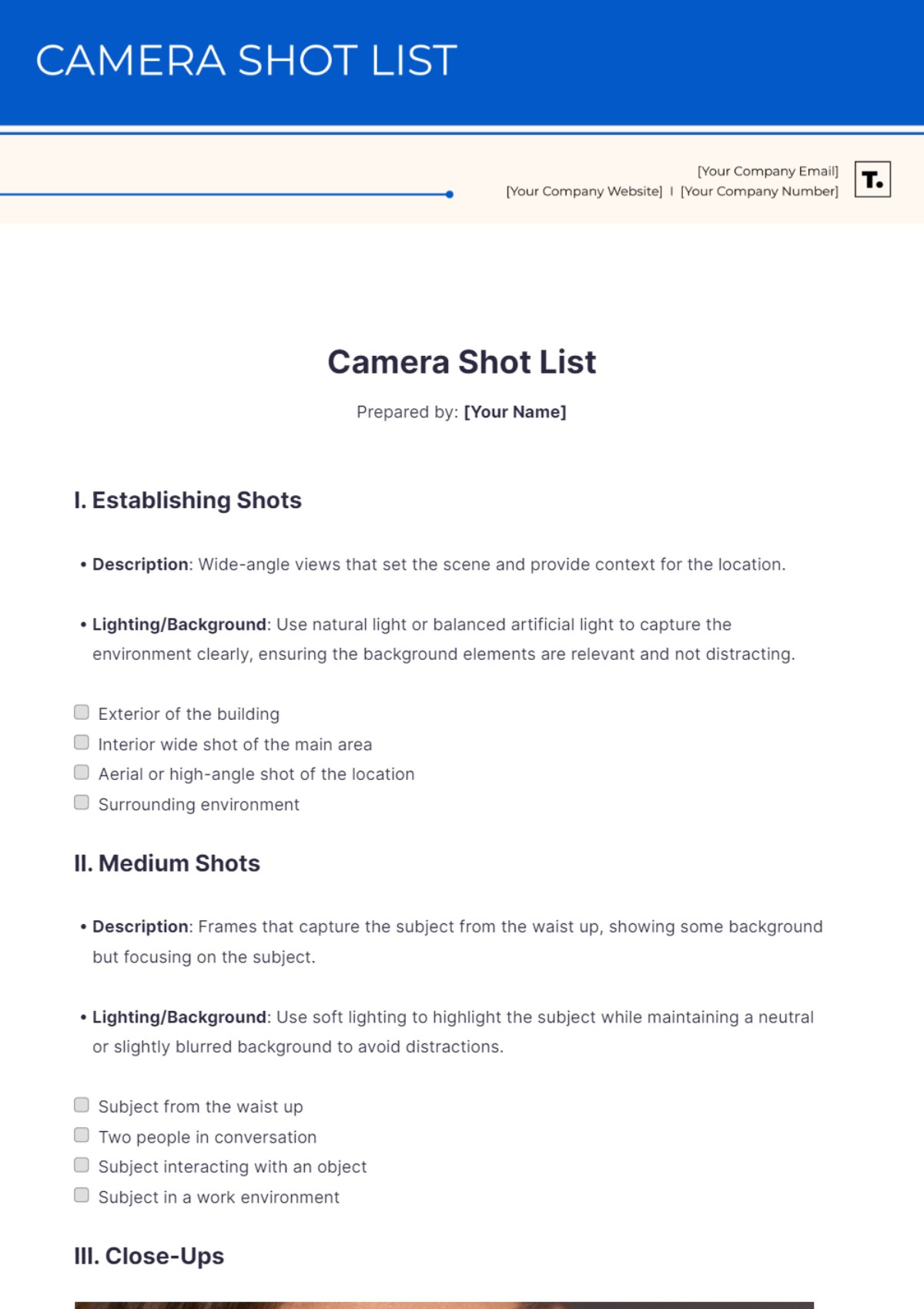 Camera Shot List Template - Edit Online & Download