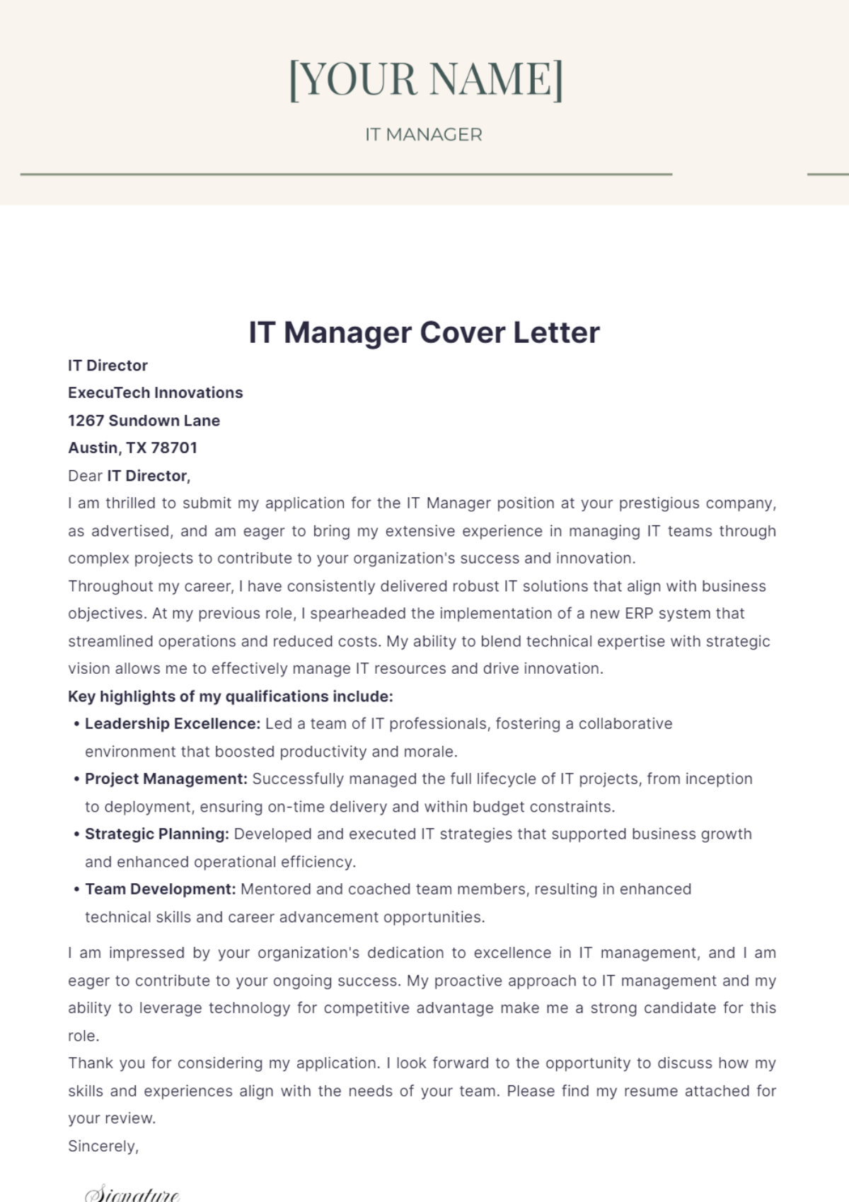 IT Manager Cover Letter - Edit Online & Download