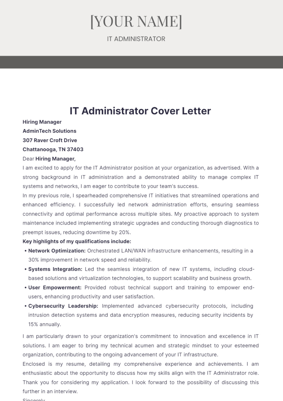 IT Administrator Cover Letter - Edit Online & Download