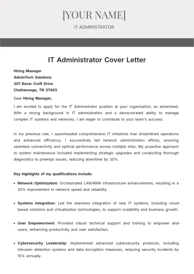 Free IT Administrator Cover Letter to Edit Online