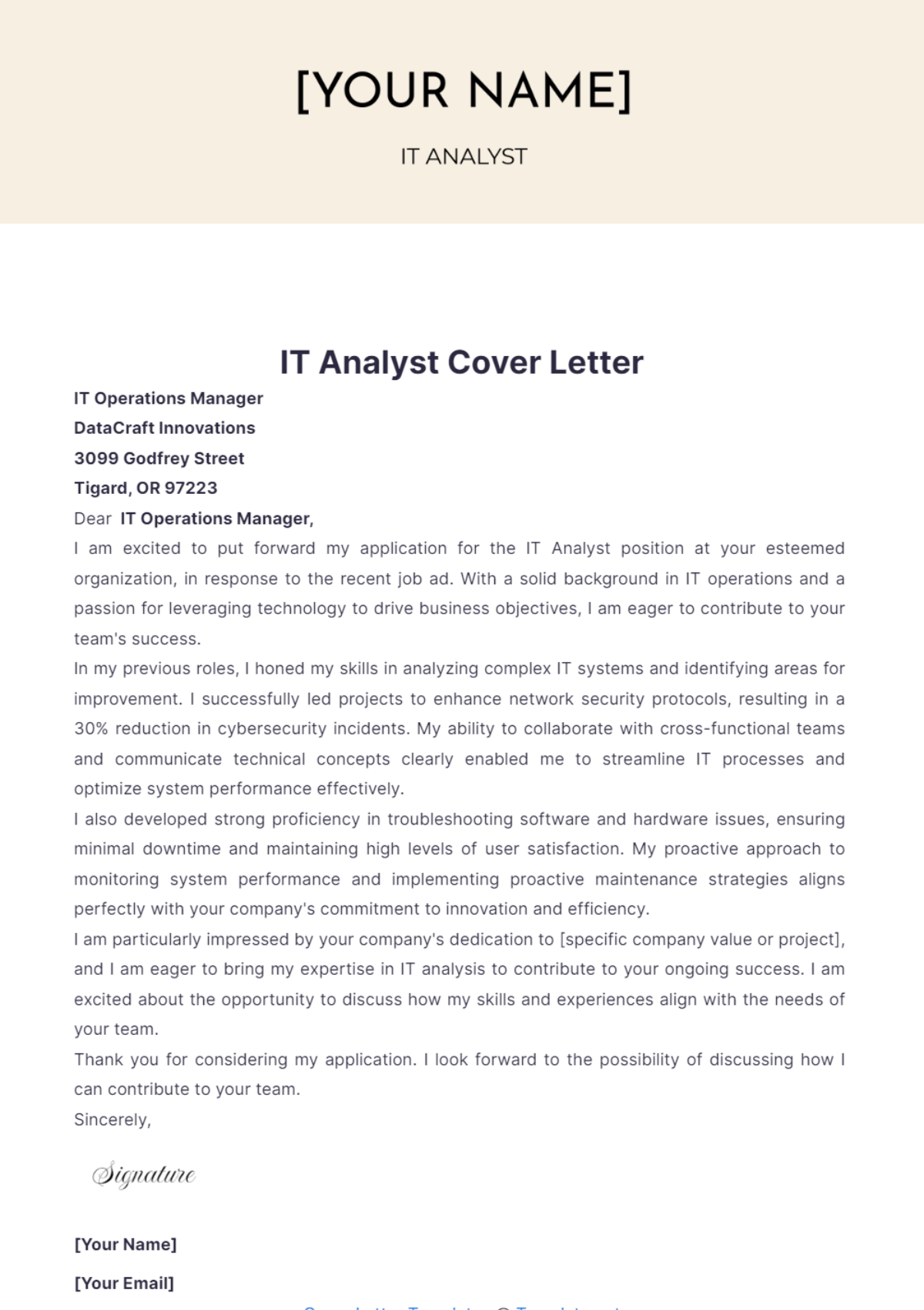 IT Analyst Cover Letter - Edit Online & Download