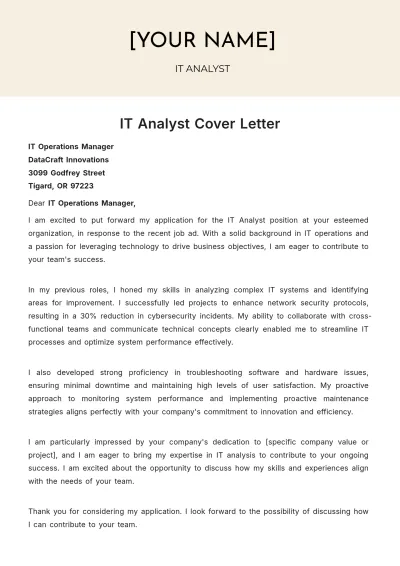Free IT Analyst Cover Letter to Edit Online